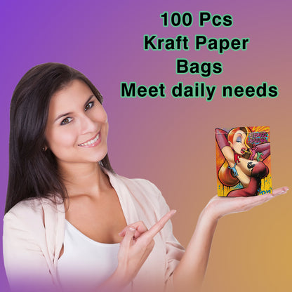 100pcs Kraft Paper Bags | Self Sealing, Airtight, Reusable | 5 Stylish Designs (20pcs Each) | Ideal for Food Storage, Retail, and Small Business Packaging