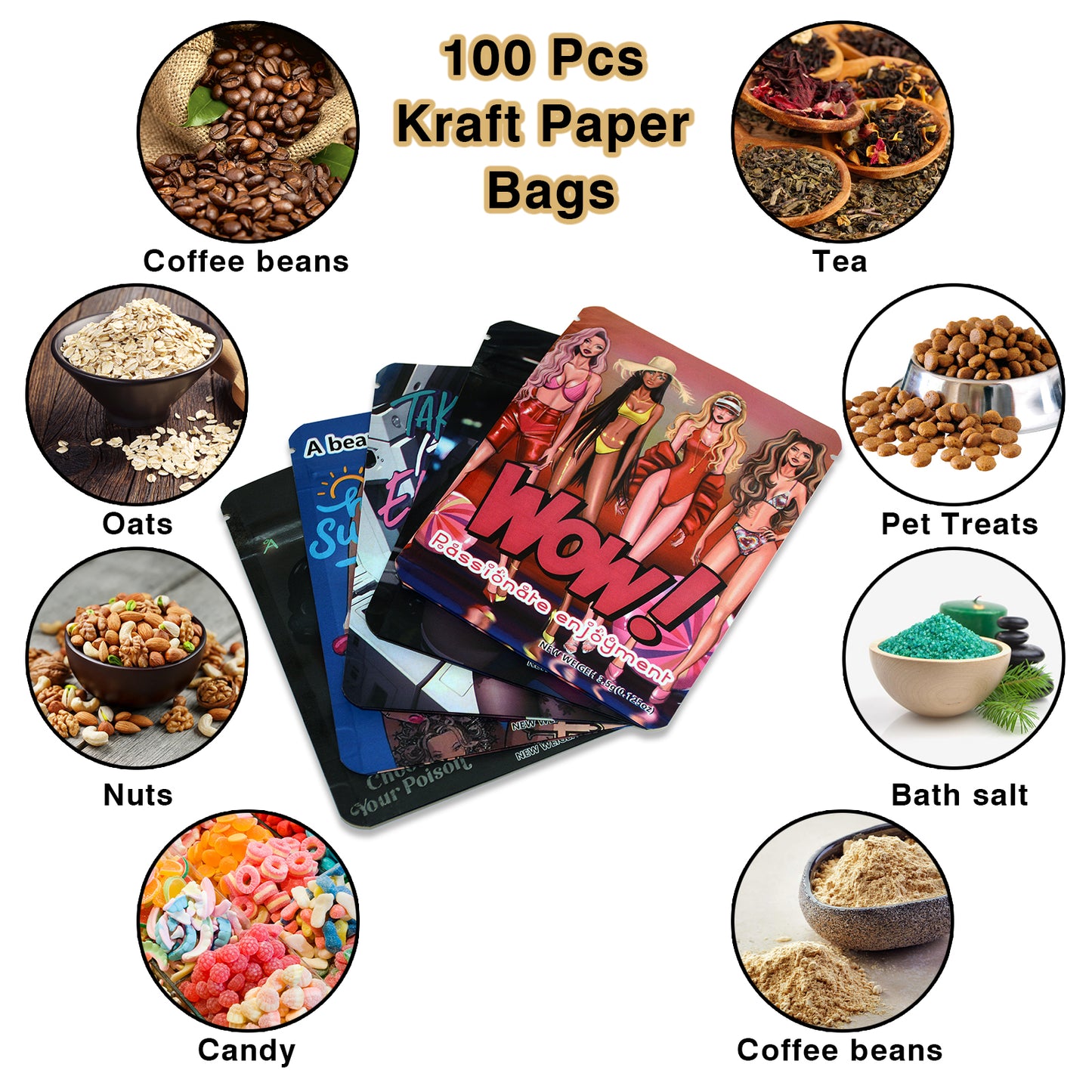 100pcs Self Sealing Bags with Kraft Paper | 5 Designs | Airtight, Eco-Friendly | For Food Storage, Coffee, Nuts, Retail Packaging