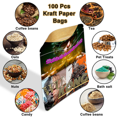 100pcs Kraft Paper Bags | Self Sealing, Airtight | 5 Designs | For Food Storage, Retail, Small Business Packaging