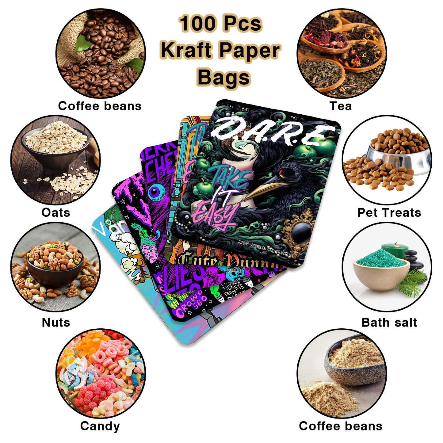 100pcs Self Sealing Bags with Kraft Paper | 5 Unique Designs | Eco-Friendly, Airtight, Reusable | Ideal for Food Storage, Coffee, Nuts, and Retail Packaging